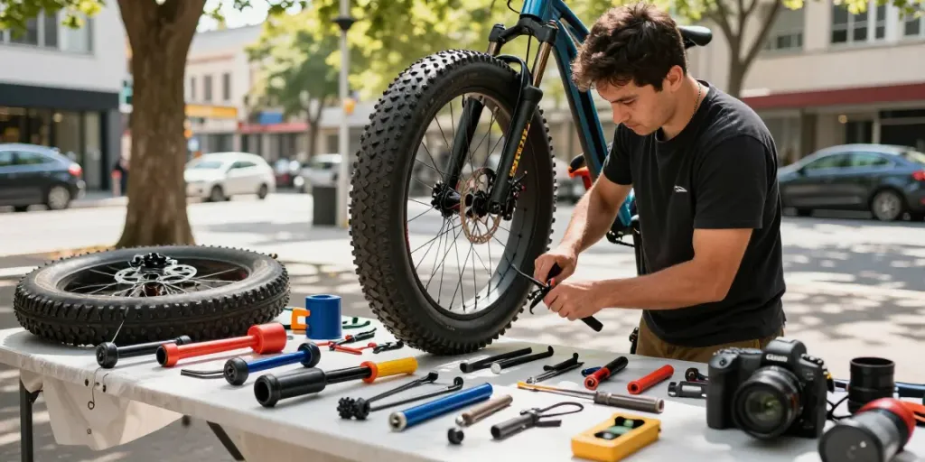 Fatbike onderdelen worden gerepareerd door een ervaren monteur in de stad.