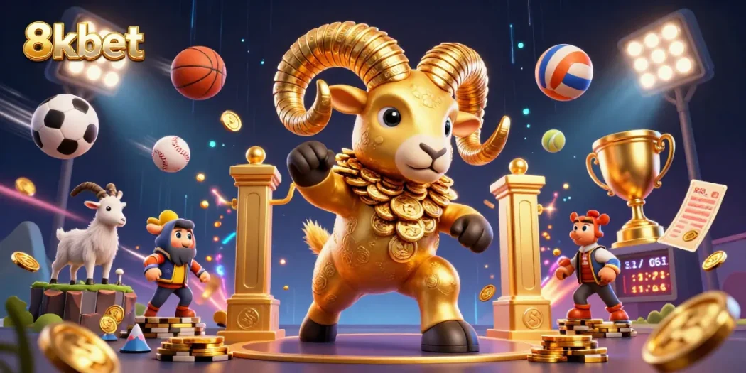 Engage with thrilling games at 8kbet, featuring a dynamic scene of cartoon characters and sports betting excitement.