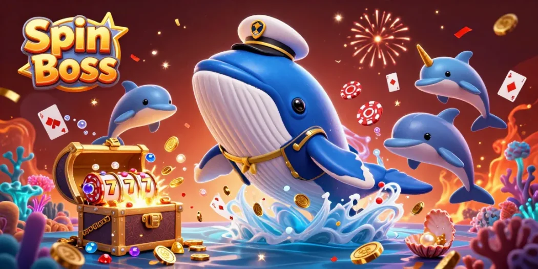 Experience thrilling gameplay at Spin Boss with lively 3D elements featuring a whale, a narwhal, and dolphins.