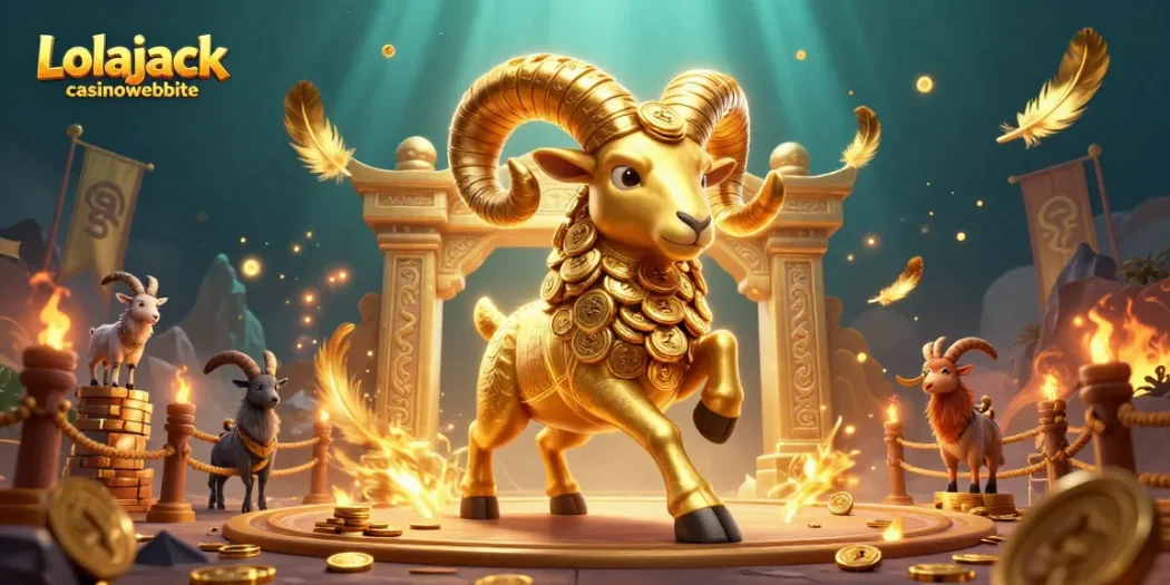 Experience the thrilling action of the Lolajack casinowebsite with a dynamic 3D scene featuring a golden ram charging through a casino!