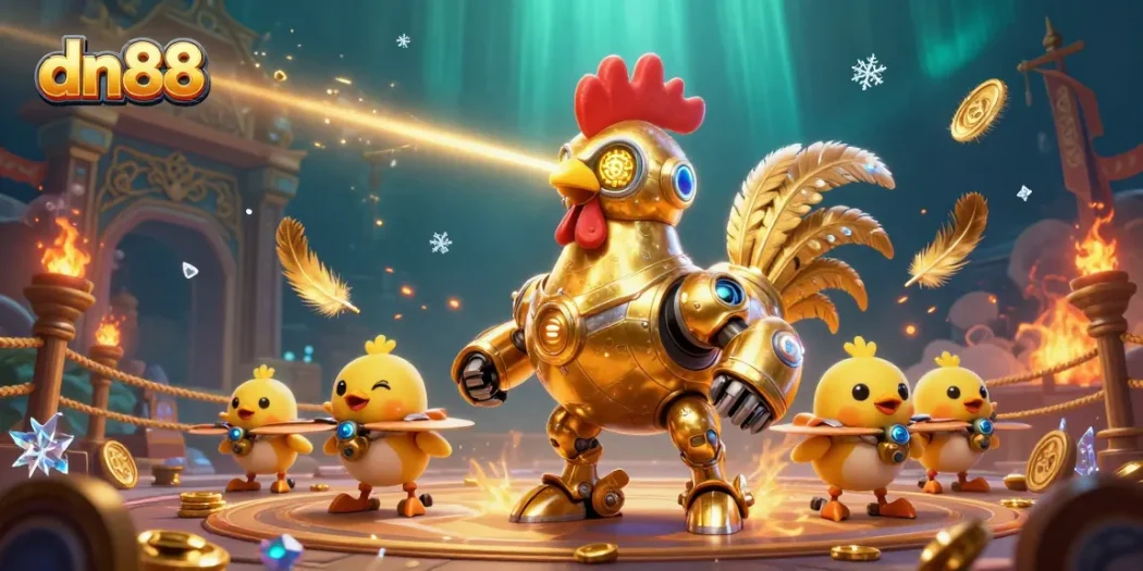 Engage with dn88's online gaming universe where golden rooster robots and chick drones create an immersive casino adventure.
