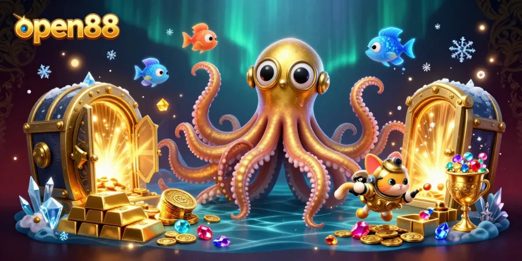 open88 players dive into a treasure-filled ocean, encountering a kraken and bioluminescent fish amid gold and gems.