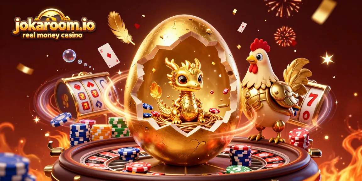 Spin a win at jokaroom.io real money casino with thrilling 3D dragon and golden poker chips.