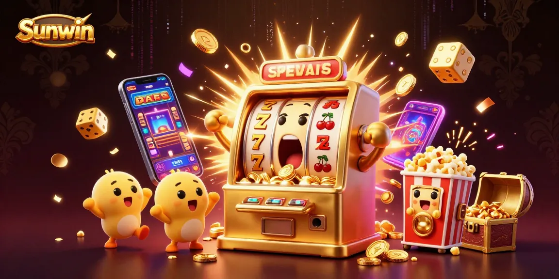 Sunwin displays a lively scene with a joyful slot machine hitting the jackpot and coins overflowing.